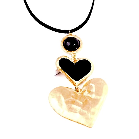 NEW Gold Rim Black Enamel Layered Hearts Necklace - Picture 3 of 12